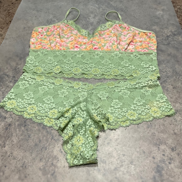 Bralette Lace Cami Mint Green Floral Set Size Large - Picture 2 of 14